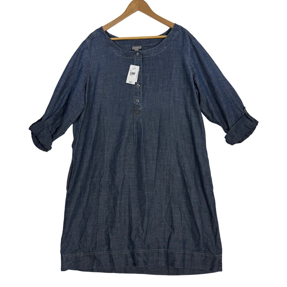 J. Jill Denim Chambray Henley Shift Dress XL Blue Roll Tab Sleeve Pockets NWT